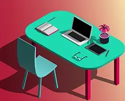 Modern workspace illustration created by graphic design student demonstrating isometric design